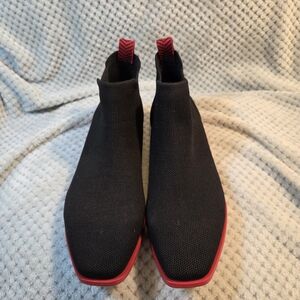 Women’s Black Knit Slip-On Sneakers with Red Trim